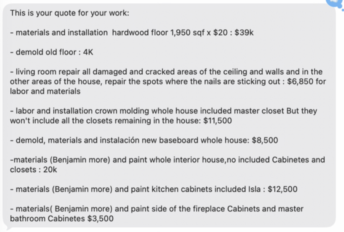Text-message screenshot of the contractor’s line-item quote for flooring, repairs, molding, baseboards and paint
