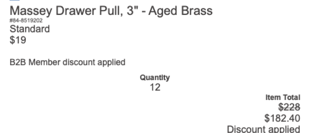Rejuvenation order receipt line: Massey Drawer Pull, 3 inch, Aged Brass, quantity 12, discount applied